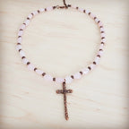 **Rose Quartz Collar Necklace w/ Copper Cross Pendant 263i