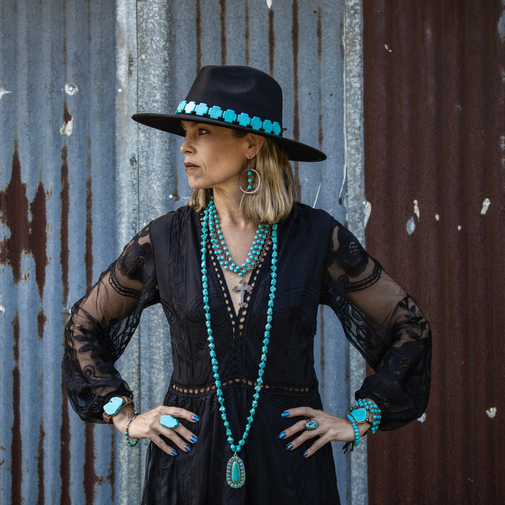 Blue Turquoise Beaded Collar Necklace w/ Cross Pendant