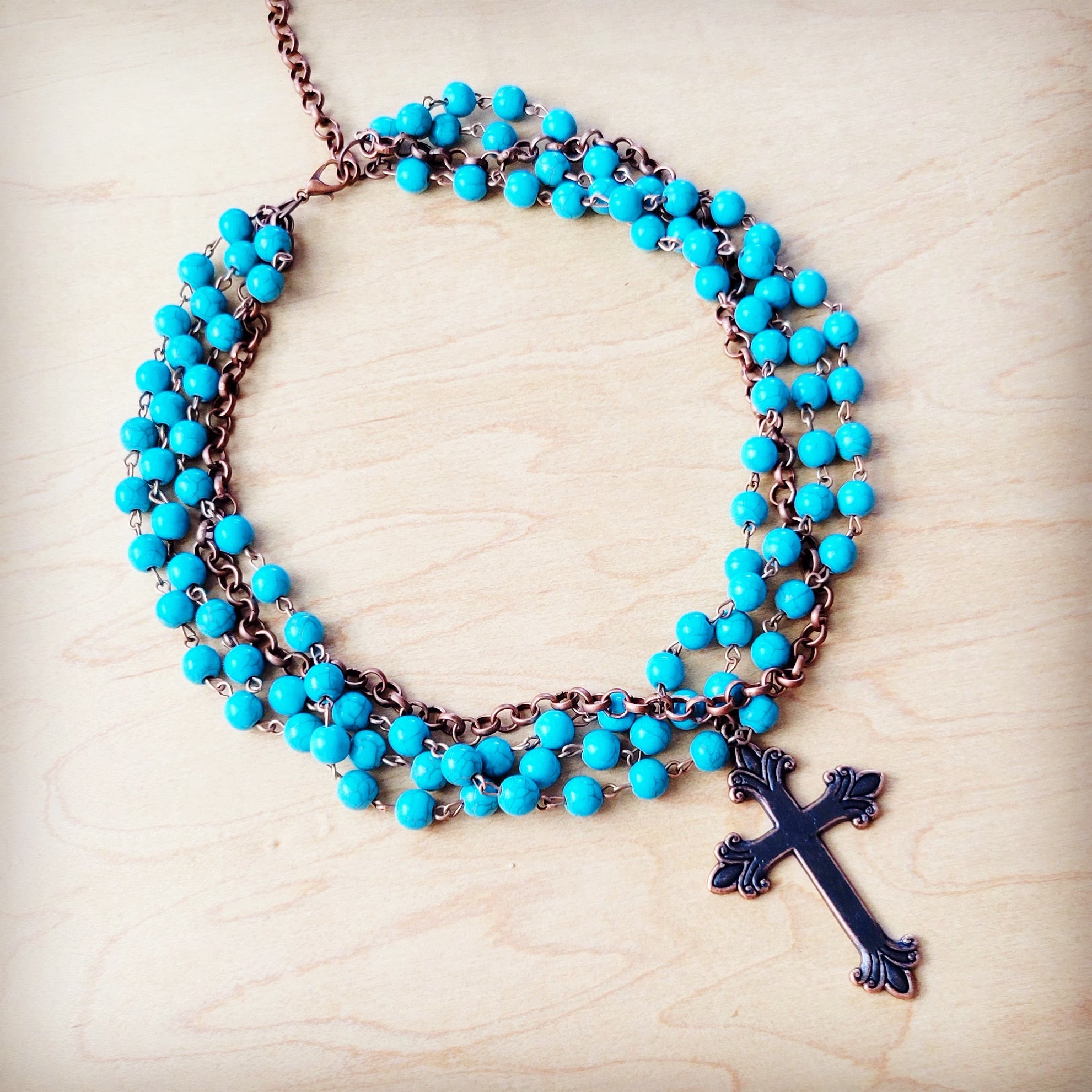 Blue Turquoise Beaded Collar Necklace w/ Cross Pendant