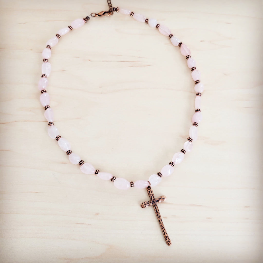 **Rose Quartz Collar Necklace w/ Copper Cross Pendant 263i