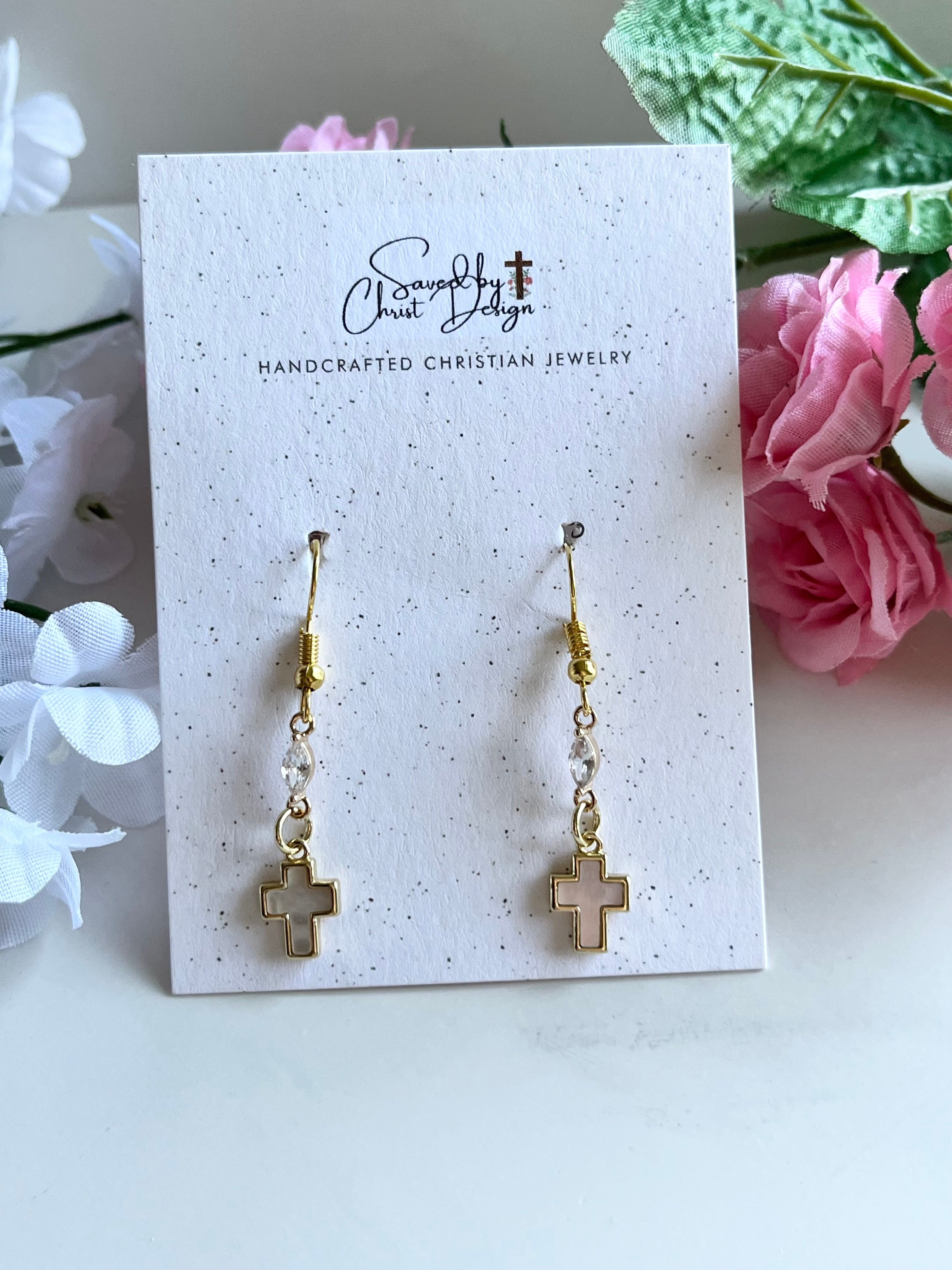 Mother of Pearl Gold Cross Earrings