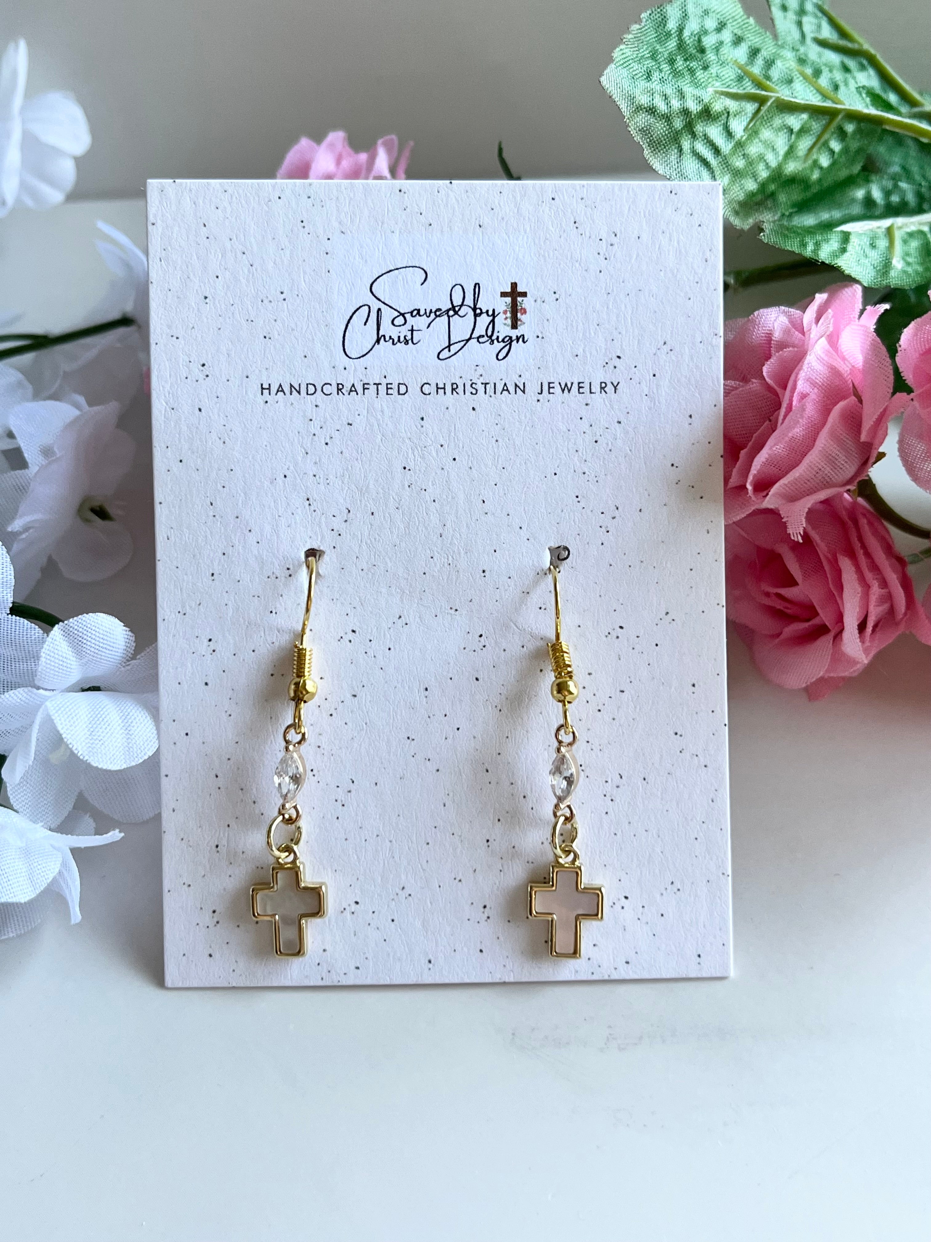 Mother of Pearl Gold Cross Earrings