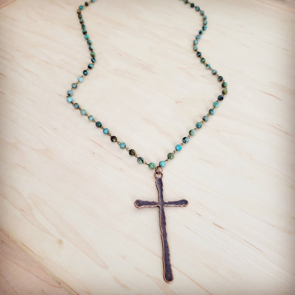 Genuine African Turquoise Long Beaded Necklace with Antique Copper Cross