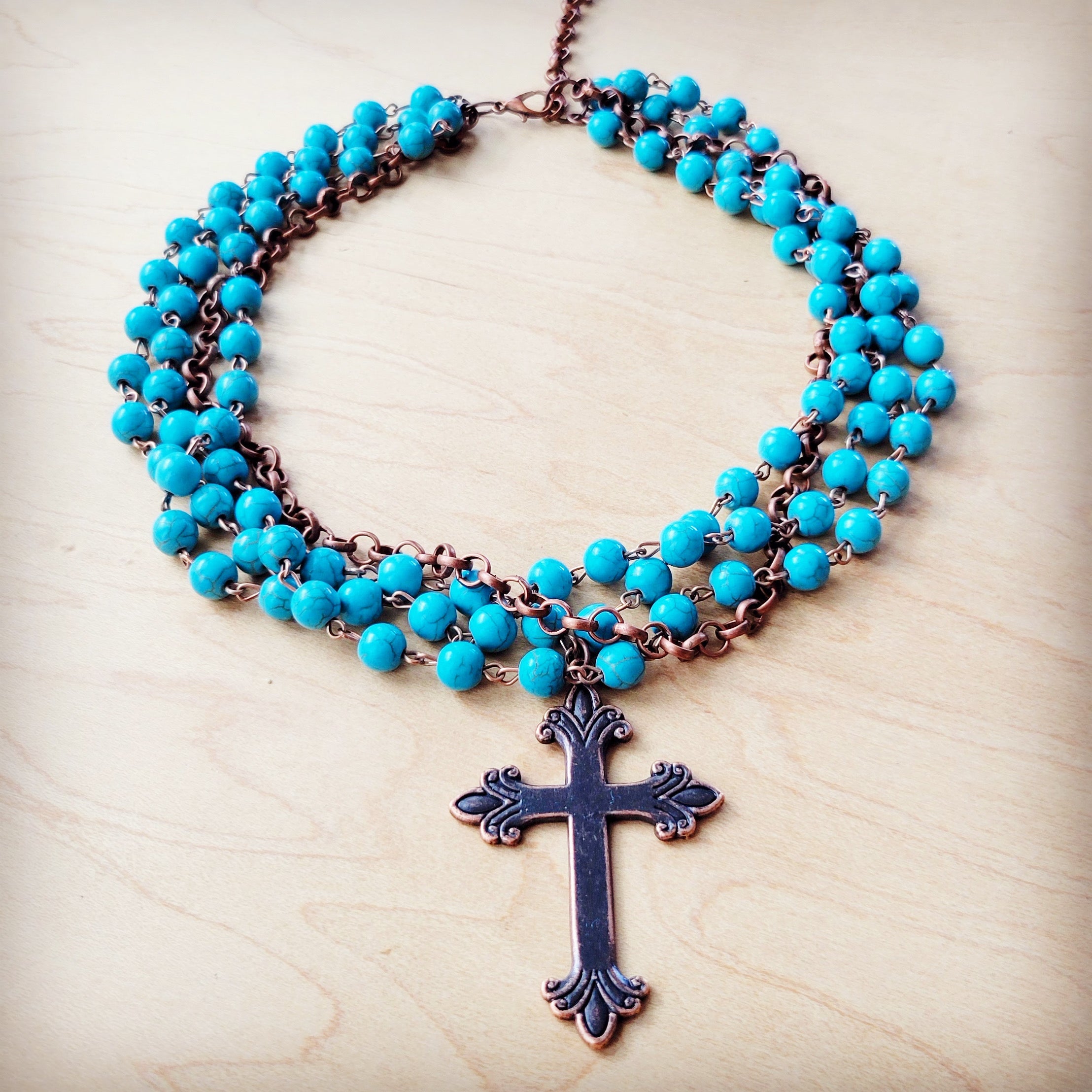 Blue Turquoise Beaded Collar Necklace w/ Cross Pendant