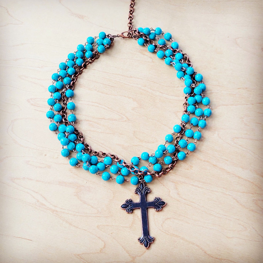 Blue Turquoise Beaded Collar Necklace w/ Cross Pendant