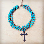 Blue Turquoise Beaded Collar Necklace w/ Cross Pendant