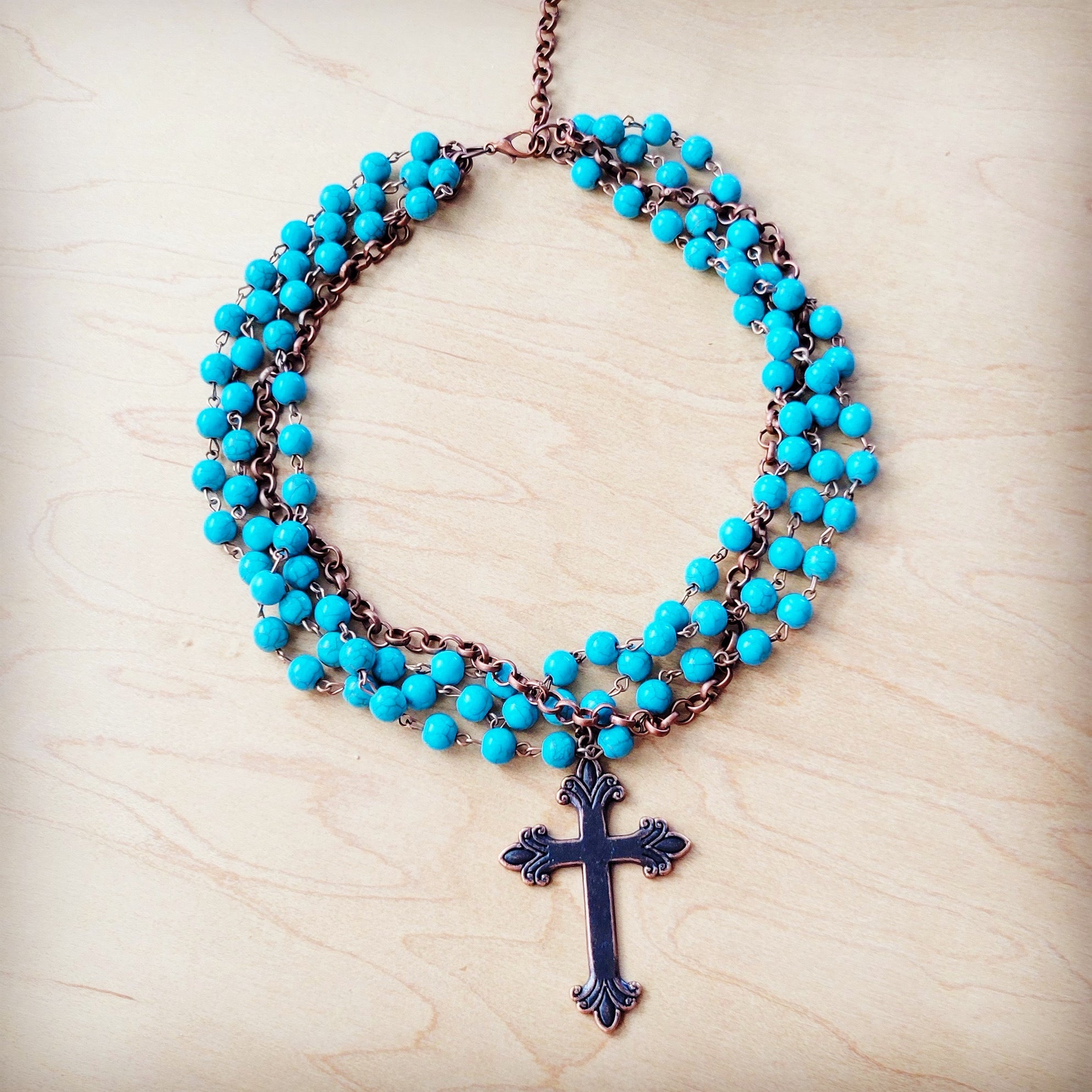Blue Turquoise Beaded Collar Necklace w/ Cross Pendant