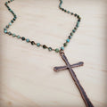 Genuine African Turquoise Long Beaded Necklace with Antique Copper Cross