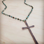 Genuine African Turquoise Long Beaded Necklace with Antique Copper Cross