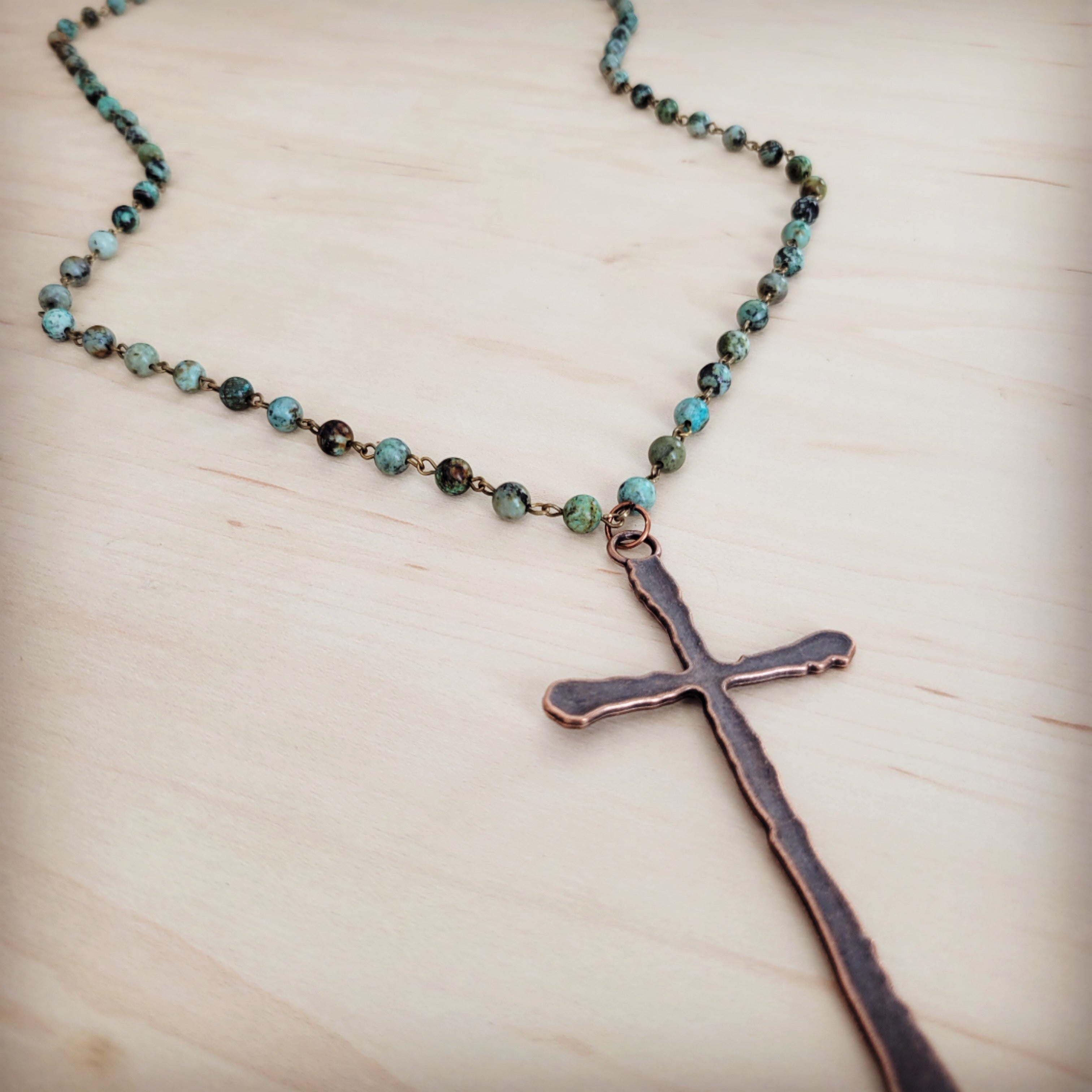 Genuine African Turquoise Long Beaded Necklace with Antique Copper Cross