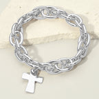 Metal Cross Charm Chunky Chain Link Stretch Bracelet