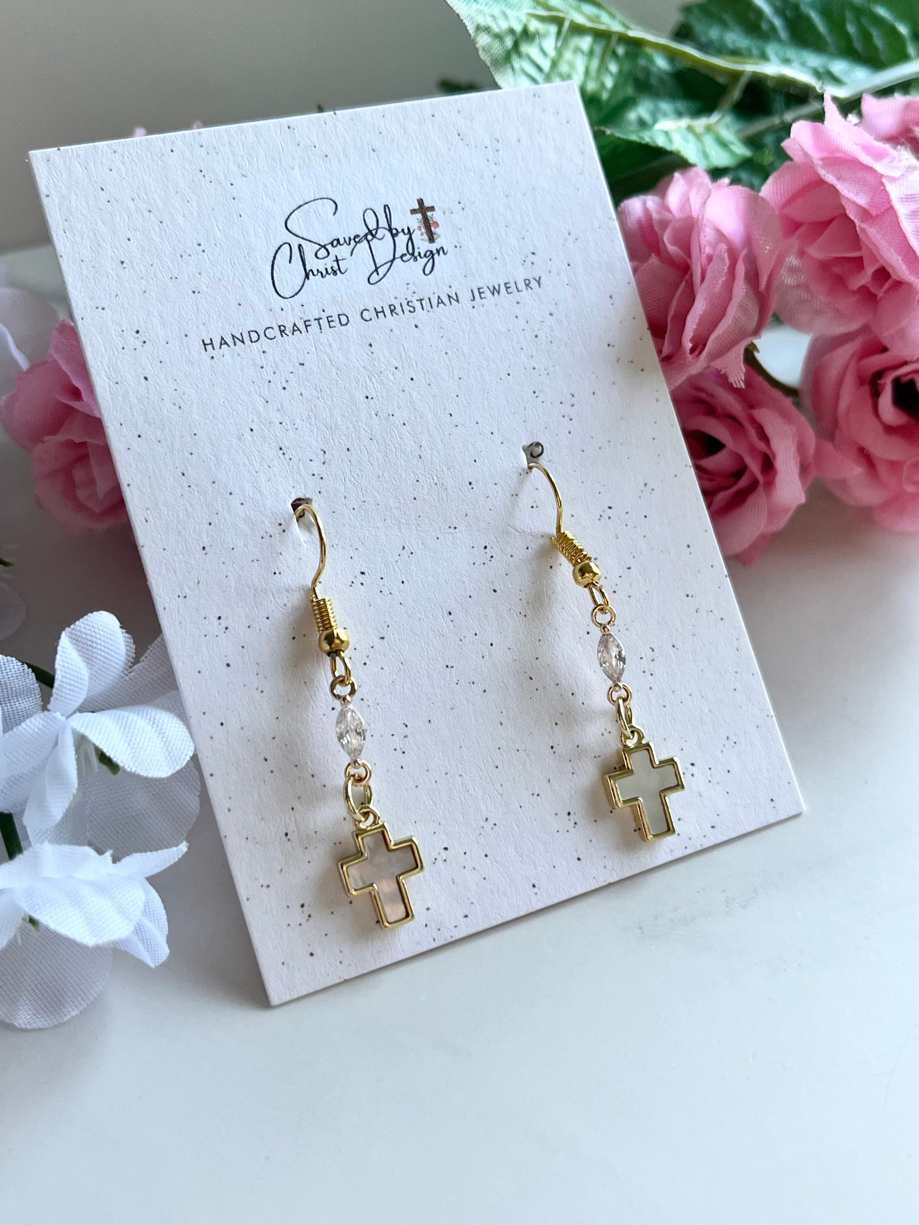 Mother of Pearl Gold Cross Earrings
