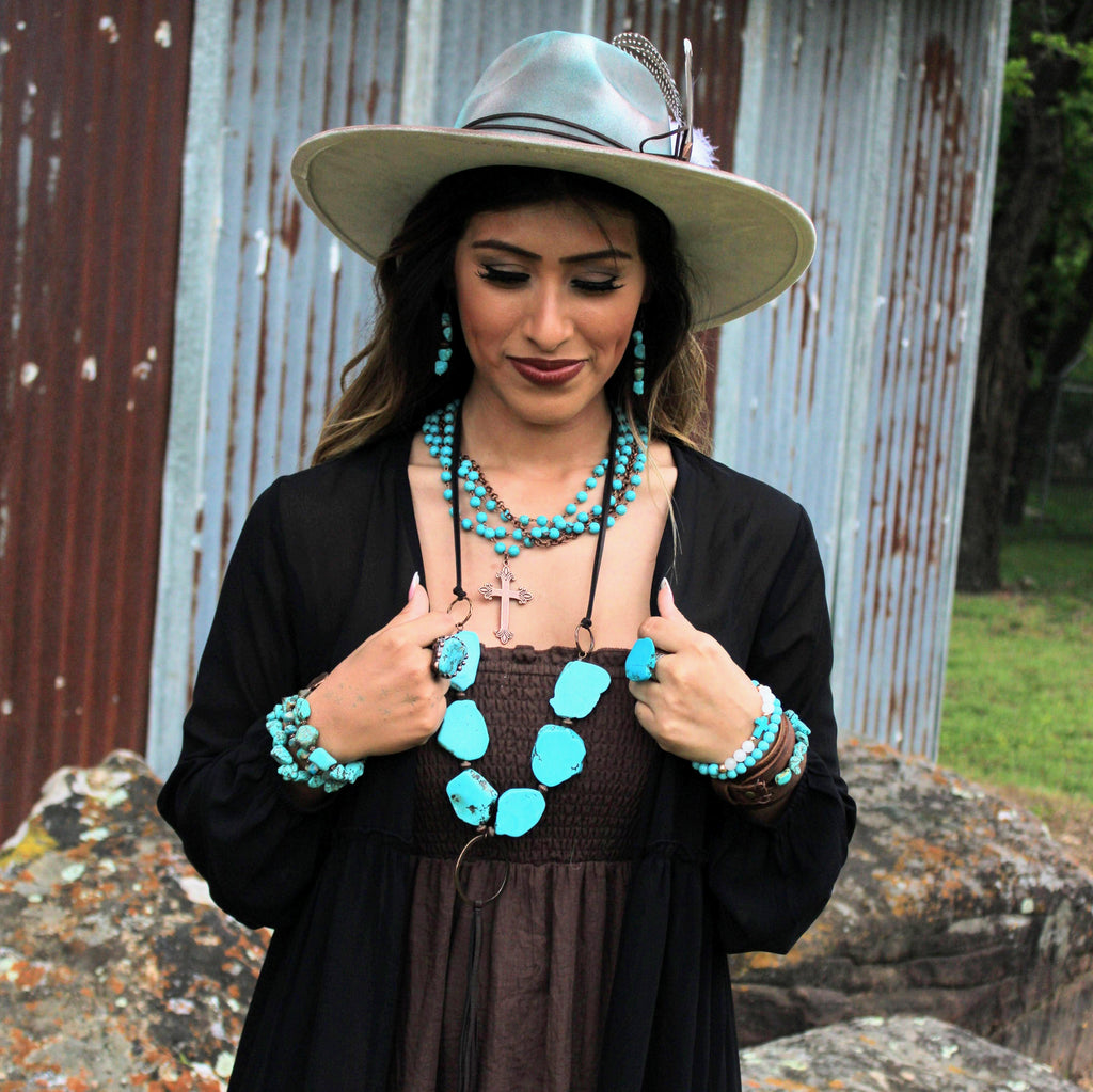 Blue Turquoise Beaded Collar Necklace w/ Cross Pendant