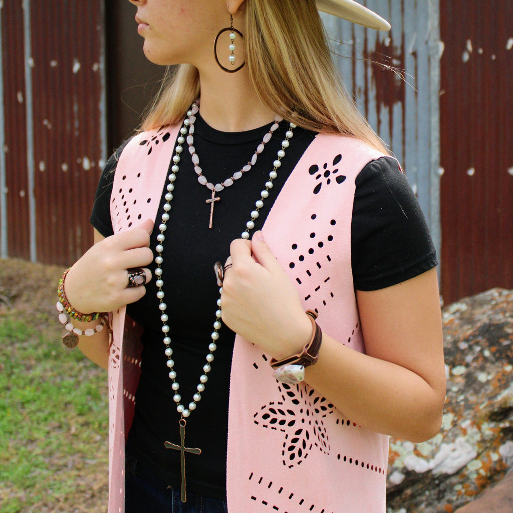 **Rose Quartz Collar Necklace w/ Copper Cross Pendant 263i