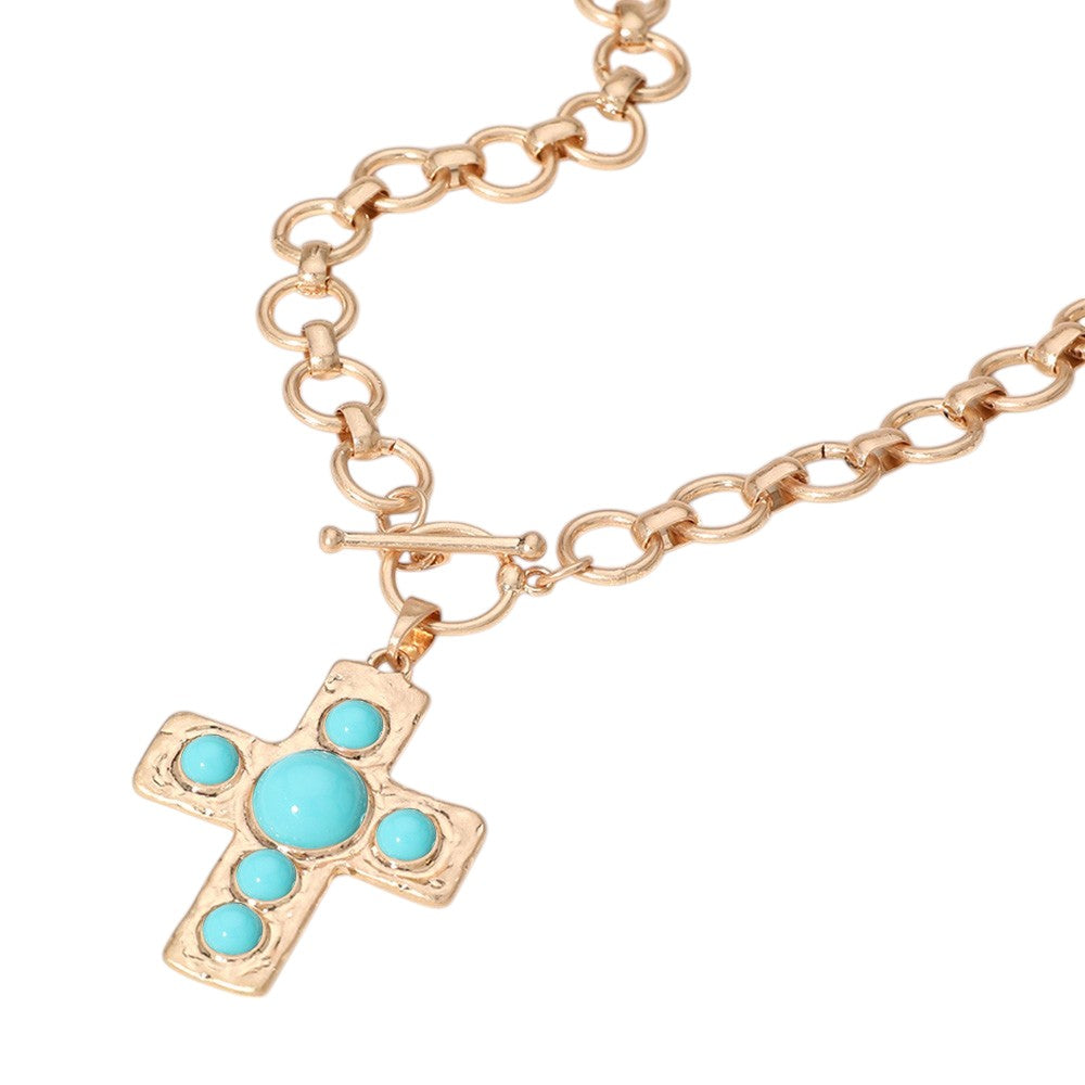 Turquoise Stone Cross Pendant Chunky Chain Necklace