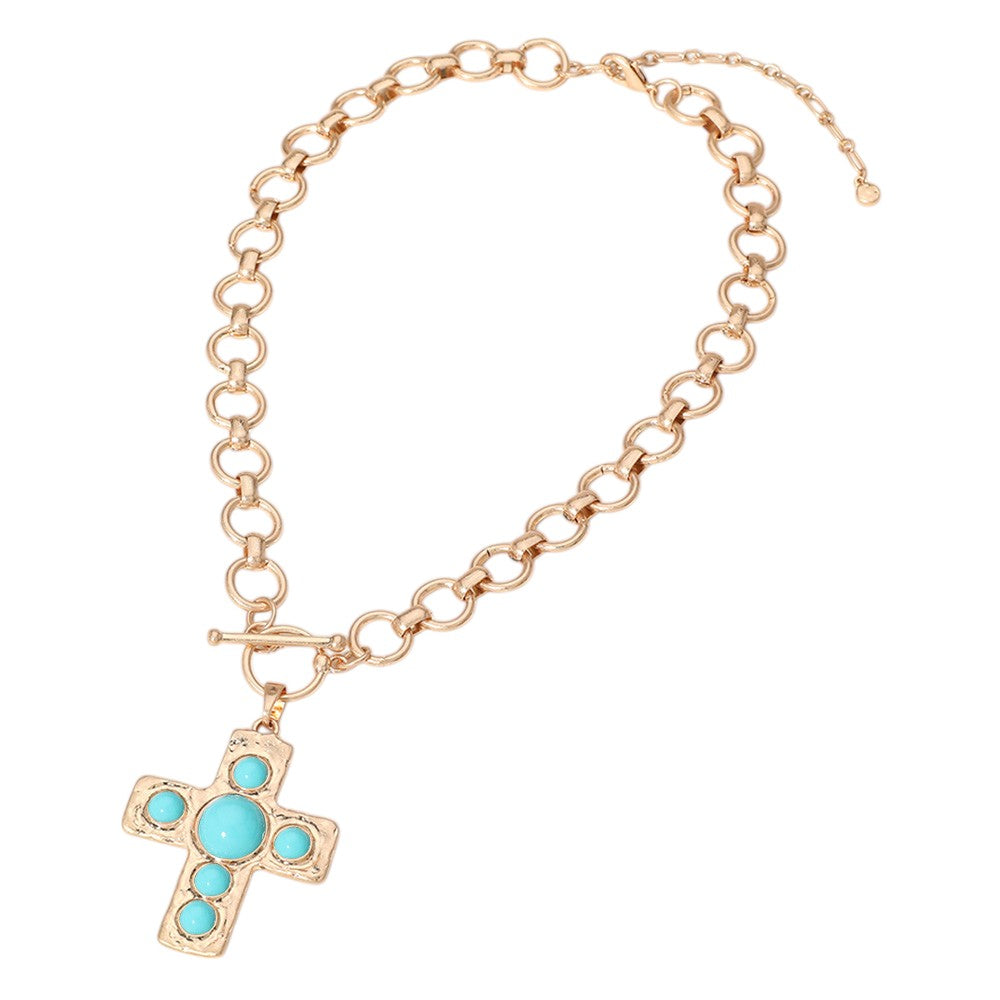 Turquoise Stone Cross Pendant Chunky Chain Necklace