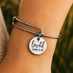 Loved John 3 16 Stainless Steel Engraved Charm Bracelet Christian Faith Expanding Bangle