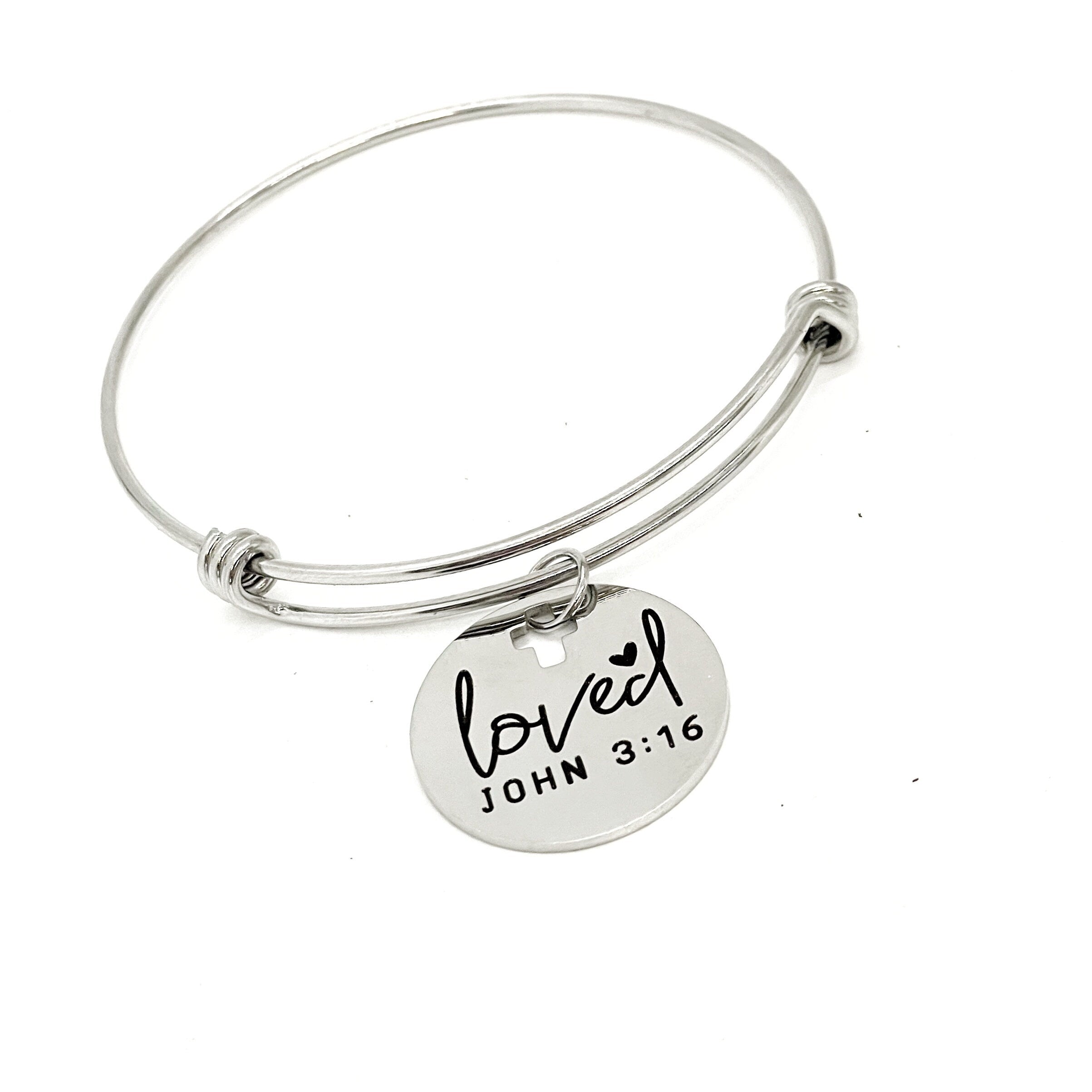 Loved John 3 16 Stainless Steel Engraved Charm Bracelet Christian Faith Expanding Bangle