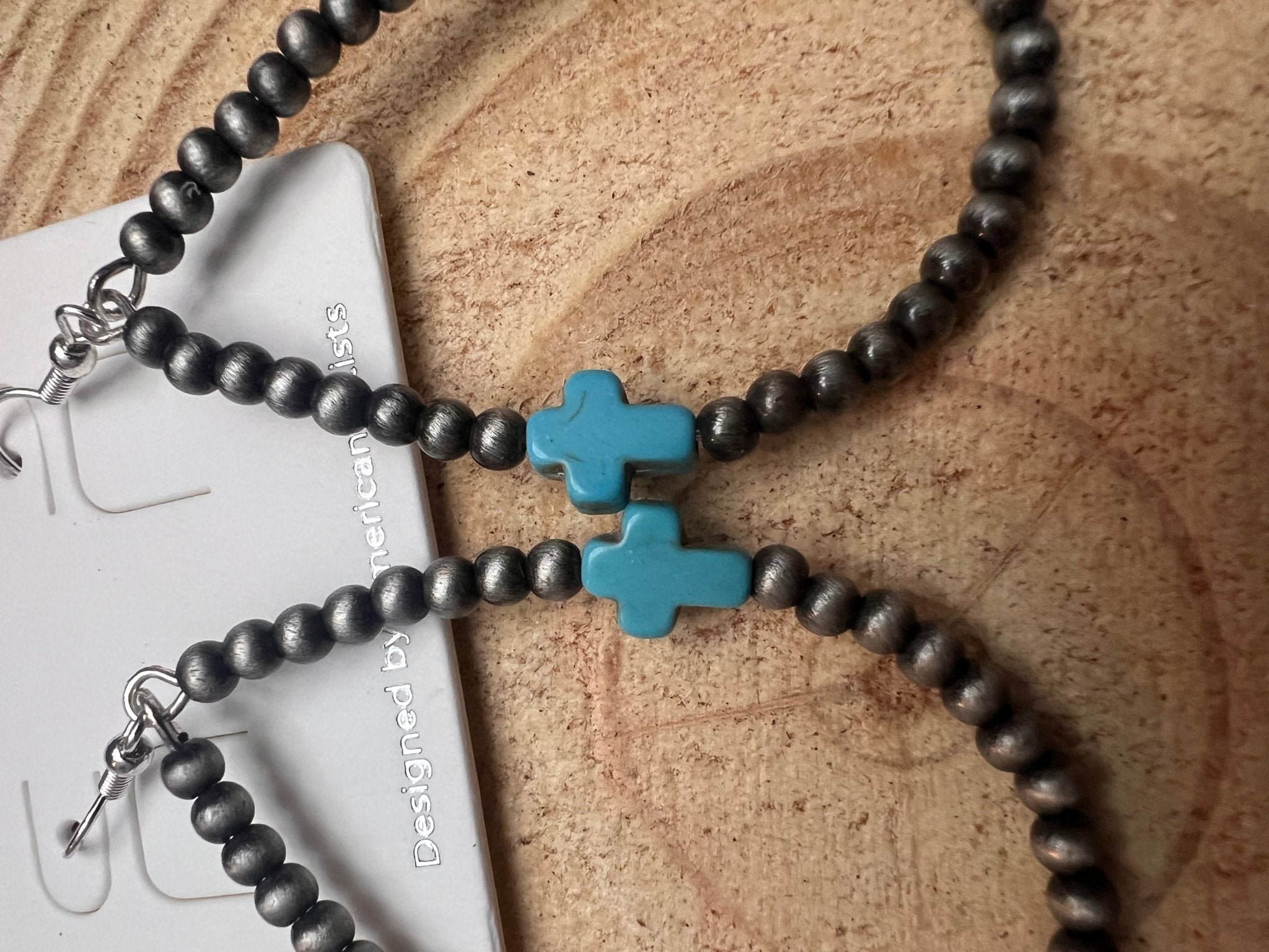 Western Cross Earrings with Faux Turquoise & Pearl Teardrops