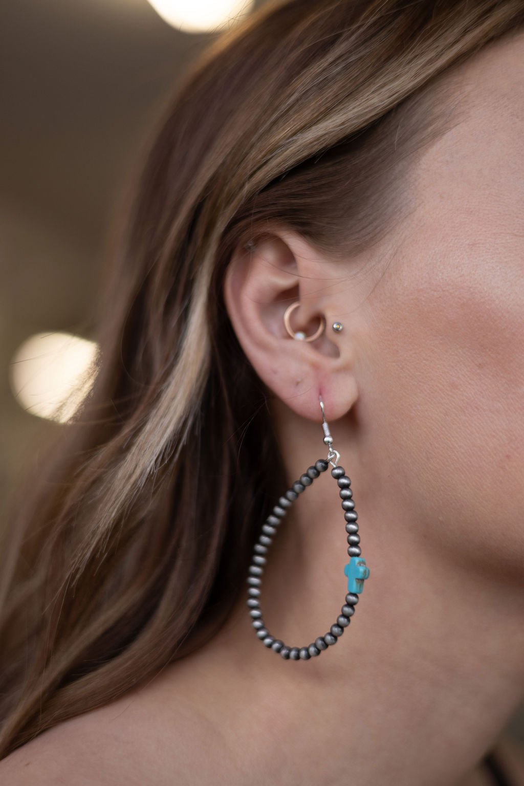 Western Cross Earrings with Faux Turquoise & Pearl Teardrops