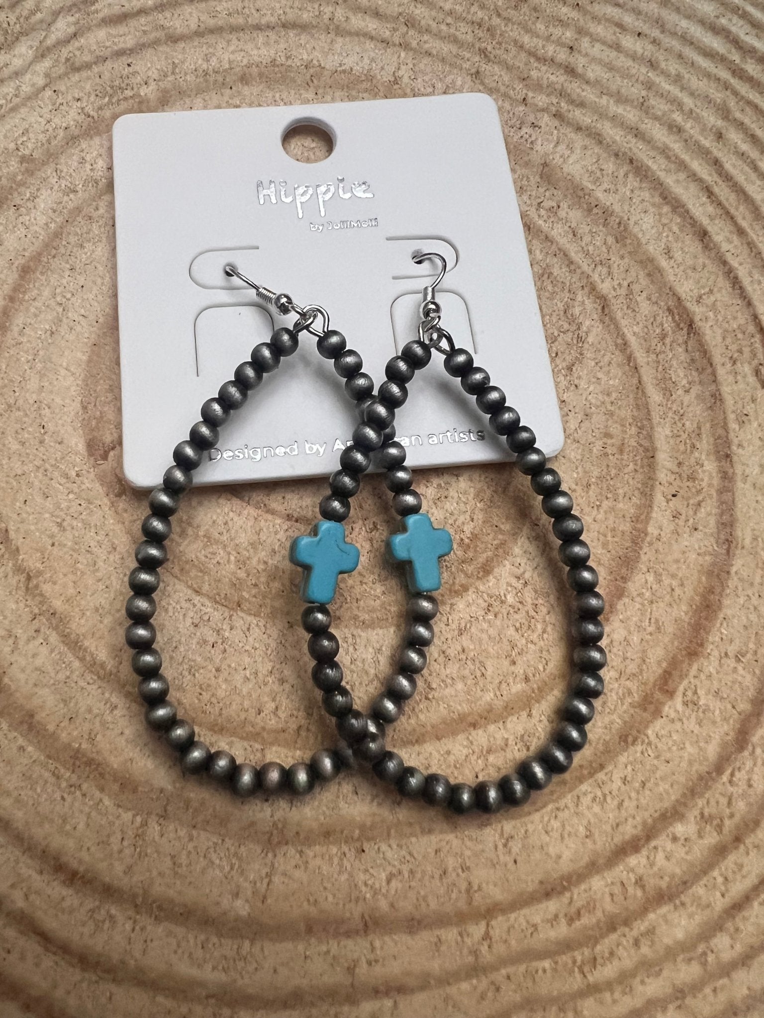 Western Cross Earrings with Faux Turquoise & Pearl Teardrops