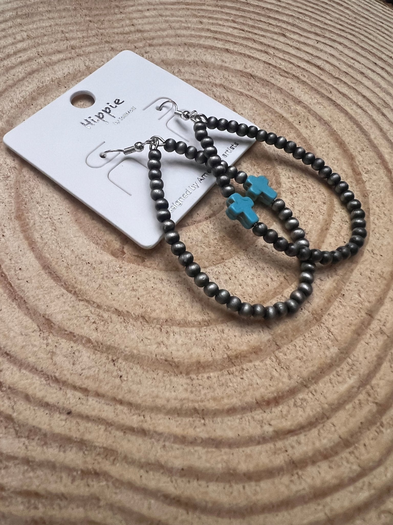 Western Cross Earrings with Faux Turquoise & Pearl Teardrops